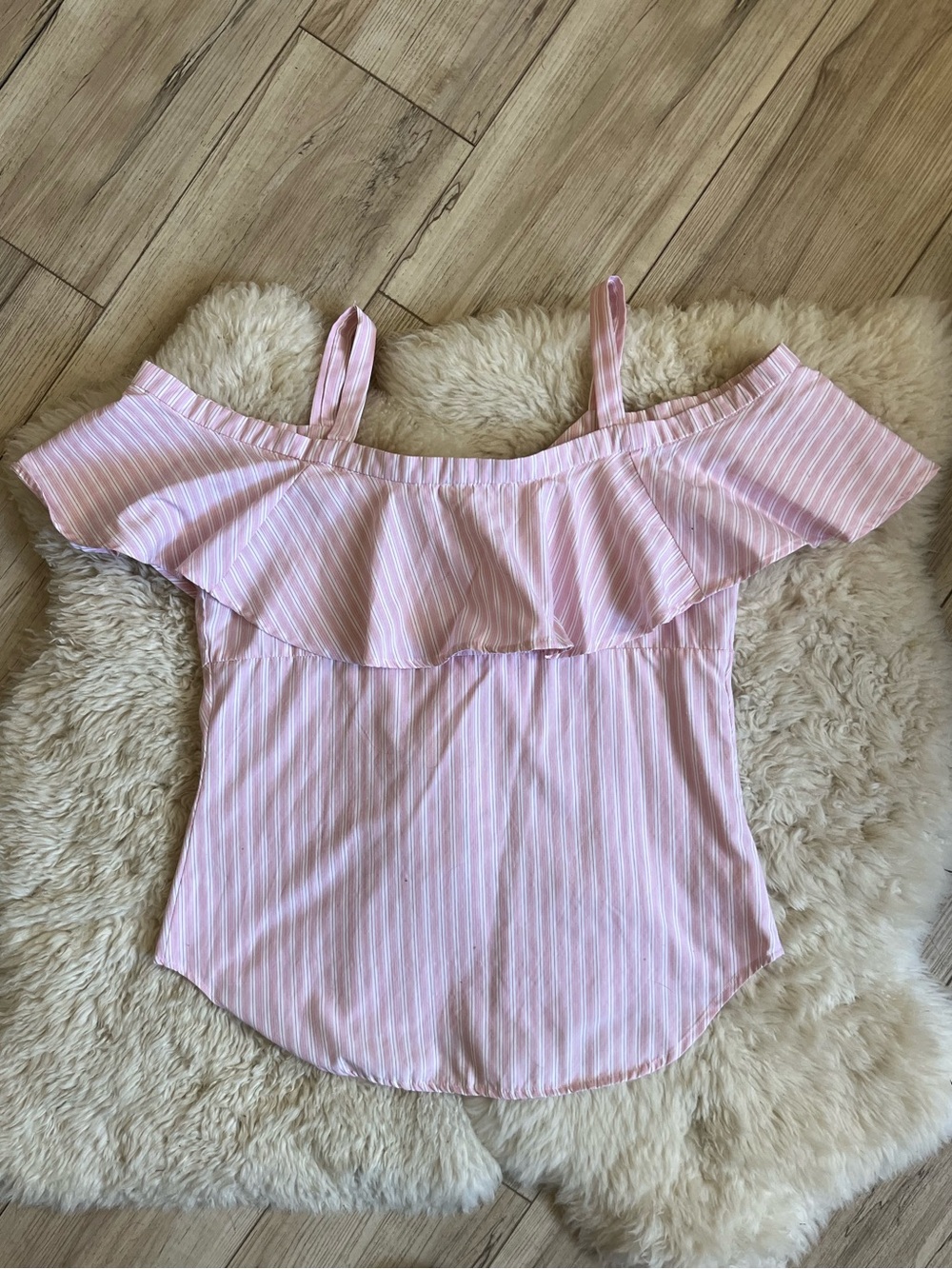 Striped Pink Ruffle Off-Shoulder Blouse - Picture 2 of 2
